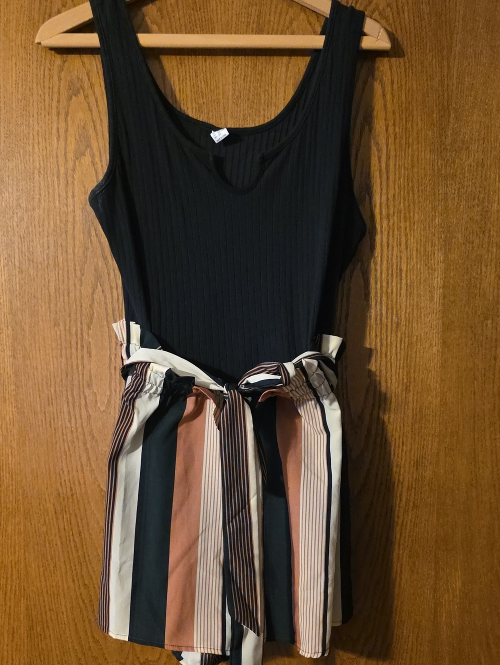 Black Ribbed Tank Rompr with Striped Tie-Waist